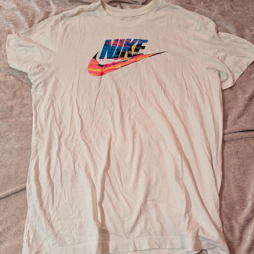 Nike Men's White Tee with Multicolor Logo